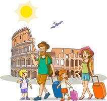 carino famiglia andando su vacanza per Italia e sfondo Colosseo vettore illustrazione