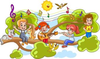bambini sospeso su un' albero ramo su soleggiato giorno cartone animato vettore