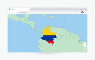 del browser finestra con carta geografica di Colombia, ricerca Colombia nel Internet. vettore