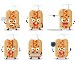 cartone animato personaggio di hot dog con vario capocuoco emoticon vettore
