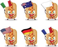 hot dog cartone animato personaggio portare il bandiere di vario paesi vettore