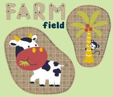 azienda agricola campo animali, mucca e scimmia su a strisce sfondo, vettore cartone animato illustrazione