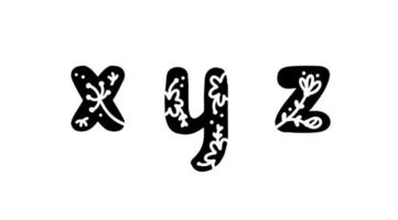 vintage floreale lettere in grassetto xyz logo primavera. vettori di design classico con lettere estive con colore nero e fiori disegnati a mano con motivo monoline