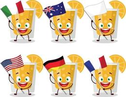 arancia succo cartone animato personaggio portare il bandiere di vario paesi vettore
