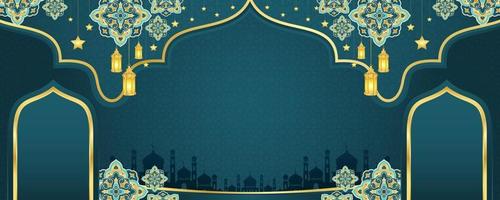 islamico ornamento modello per sfondo, striscione, manifesto, copertina disegno, Busta, sociale media alimentazione. Ramadan kareem e eid mubarak 2023 saluto concetto, blu sfondo, musulmano lanterna, modello vettore