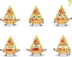 cartone animato personaggio di fetta di Pizza con che cosa espressione vettore