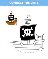 formazione scolastica gioco per bambini Collegare il puntini e colorazione pratica con carino cartone animato nave stampabile pirata foglio di lavoro vettore