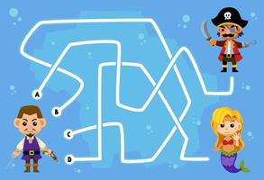 labirinto puzzle gioco per bambini Aiuto carino cartone animato uomo mossa per pirata o sirena stampabile pirata foglio di lavoro vettore
