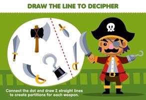 formazione scolastica gioco per bambini Aiuto pirata Capitano disegnare il Linee per separato il arma stampabile pirata foglio di lavoro vettore
