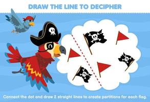 formazione scolastica gioco per bambini Aiuto pappagallo disegnare il Linee per separato il bandiera stampabile pirata foglio di lavoro vettore