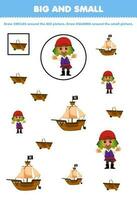 formazione scolastica gioco per bambini organizzare di dimensione grande o piccolo di disegno cerchio e piazza di carino cartone animato uomo nave e barca stampabile pirata foglio di lavoro vettore