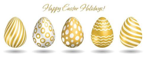collezione di realistico d'oro vettore Pasqua decorato uova, tradizionale simbolo di religioso mangiatore vacanza, gruppo di decorativo oggetti.