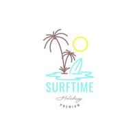 vacanza Surf mare spiaggia oceano Noce di cocco albero sole giorno colorato minimo logo design vettore