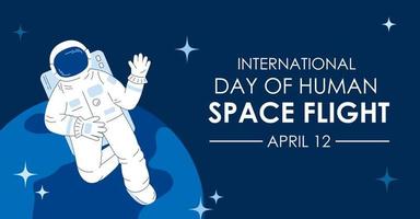 internazionale giorno di umano spazio volo sfondo. astronauta volante nel spazio. piatto linea stile design. vettore