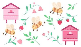 carino miele ape divertente illustrazione impostare. cartone animato vettore contento primavera insetto personaggio collezione con orticaria, fiori e le foglie.