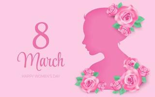 8 marzo saluto bandiera con rosa realistico Rose fiore mazzo. donna tagliare su silhouette, Da donna giorno sito web intestazione vettore illustrazione. modello per pubblicità, ragnatela, sociale media pastello rosa.
