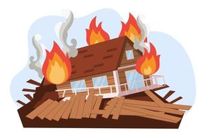 distrutto Casa su fuoco, ardente Casa su fuoco e Fumo. uragano, tornado, terremoto. il concetto di naturale disastri. illustrazione, vettore