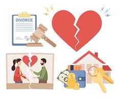 divorzio icona. strappato foto di coppia nel amore. rotto cuore. rompere su. fine di famiglia vita. separazione ex moglie e marito. accordo divorzio documenti e proprietà divisione. vettore piatto illustrazione