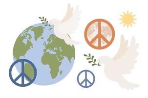 internazionale giorno di pace impostato icona. pianeta terra, mondo pace colomba, pacifismo cartello, sole. anti guerra movimento. vettore piatto illustrazione