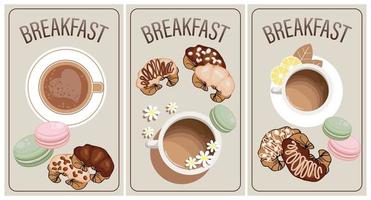 prima colazione manifesto impostare, caffè tazze, Cornetti e francese macarons. menù manifesti, bar e ristorante menù, vettore