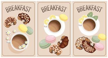 prima colazione manifesto impostare, caffè tazze, Cornetti e francese macarons. menù manifesti, bar e ristorante menù, vettore