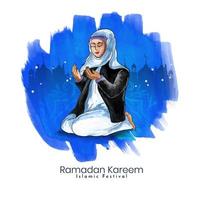 Ramadan kareem Festival saluto carta carta con musulmano femmina offerta namaz nel hijab vettore