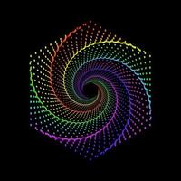 rosso, giallo, verde, ciano, rosa, e viola tratteggiata spirale vortice esagono. esagonale turbine modello puntini logo simbolo vettore. vettore