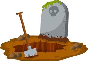 pietra lapide sta su terra con grave. celebrazione di Halloween. cranio su pietra. dettaglio cimitero. cartone animato illustrazione vettore