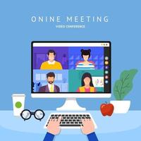 squadra che fa videoconferenza online vettore