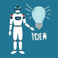 robot hold lampadina sviluppare innovativo attività commerciale idea o strategia. robotica umanoide brainstorming mostrare artificiale intelligenza. innovazione e scienza concetto. Chiacchierare bot. vettore illustrazione.