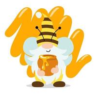 carino gnomo con un' pentola di miele e api. vettore illustrazione isolato su bianca sfondo.