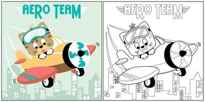 vettore cartone animato di divertente gattino su aereo, colorazione libro o pagina