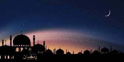 Ramadan calligrafia Arabo con silhouette cupola moschee, mezzaluna Luna su crepuscolo cielo sfondo, vettore Ramadhan notte con crepuscolo cielo. islamico o I musulmani religione il mese di Ramadan kareem