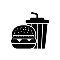 hamburger icona pieno con la verdura, formaggio e carne o prosciutto servito con bevanda nel bicchiere e cannuccia nel veloce cibo ristorante vettore