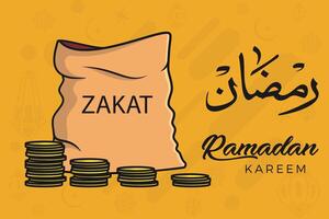 pila di oro monete e beneficenza i soldi Borsa per zakat nel santo mese di Ramadan con lanterna lampade vettore illustrazione.