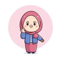 carino hijab ragazza con ok cartello kawaii chibi vettore
