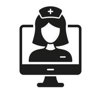a distanza virtuale medico donna silhouette pittogramma. video in linea medico servizio icona. telemedicina assistenza sanitaria glifo simbolo. medico consultazione. isolato vettore illustrazione.