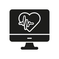 cardiogramma silhouette icona. battito cardiaco monitoraggio. ecg, ekg, elettrocardiogramma glifo pittogramma. cardiologia diagnosi. medico computer per cuore battere controllo icona. isolato vettore illustrazione.