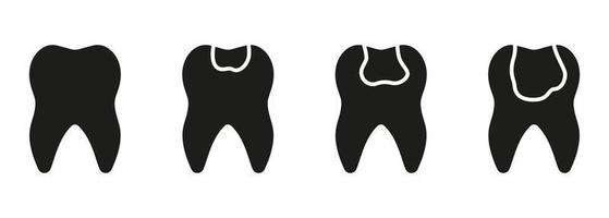 dentale carie processi silhouette icona impostare. dentale Riempimento cartello. dente malattia stadi glifo pittogramma. odontoiatria solido simbolo. ortodontico denti problema. isolato vettore illustrazione.