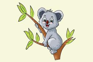 un piccolo koala sveglio del bambino su un albero, illustrazione di vettore del fumetto animale di progettazione