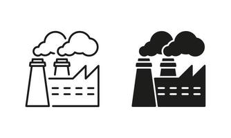 energia stazione elettricità energia linea e silhouette icona impostare. industria edificio con Fumo. energia pianta simbolo collezione su bianca sfondo. fabbrica inquinamento. isolato vettore illustrazione.