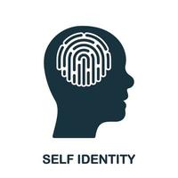 impronta digitale nel umano testa, se stesso identità silhouette icona. mentale cognizione glifo pittogramma. persona identificazione solido cartello. intellettuale processi simbolo. isolato vettore illustrazione.