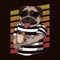 illustrazione di vettore del caffè bevente del cane del pug retrò