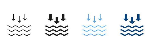 Basso marea silhouette e linea icona impostare. onde su il mare o oceano nero e colore simbolo collezione. isolato vettore illustrazione.