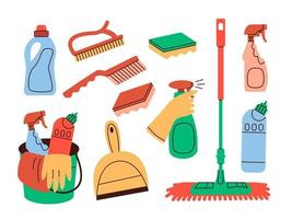 pulizia prodotti per lavori di casa. casa chimico detergente nel bottiglie, domestico Strumenti, attrezzatura. vettore