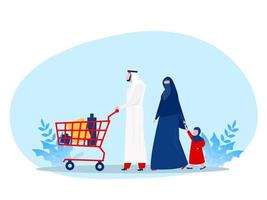 famiglia musulmana shopping con il carrello della spesa nel negozio di alimentari. illustrazione vettoriale per vendita al dettaglio, stile di vita, concetto di persone arabe