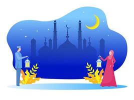 il giovane musulmano e la donna portano la lampada e camminano alla moschea. Ramadan Kareem illustrazione illustrazione vettoriale