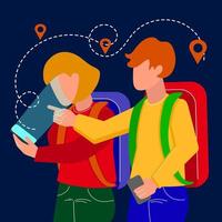 in viaggio persone personaggi con mobile carta geografica nel piatto stile vettore