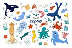 cartone animato mare animale impostare. vettore illustrazione oceani animali sottomarino mondo oceani giorno scarabocchio elementi