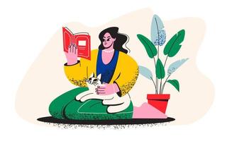 un' ragazza è lettura un' libro. un' donna con un' gatto è seduta su il pavimento con un' libro. biblioteca, libreria. accogliente vettore